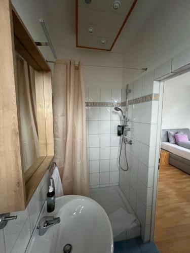 a white bathroom with a shower and a sink at Villa Theresia in Benediktbeuern
