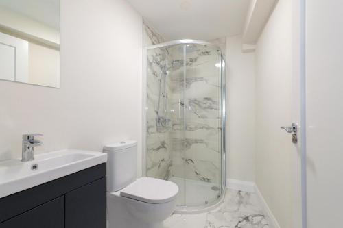 a bathroom with a shower and a toilet and a sink at The Central House Hotel Clifden in Clifden