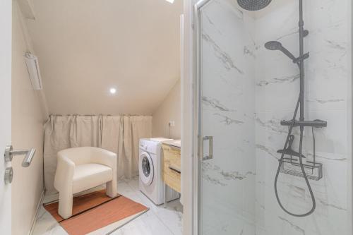 une salle de bain avec douche et machine à laver dans l'établissement Cocon chaleureux, 4 pers, Lyon 6ème, à Lyon
