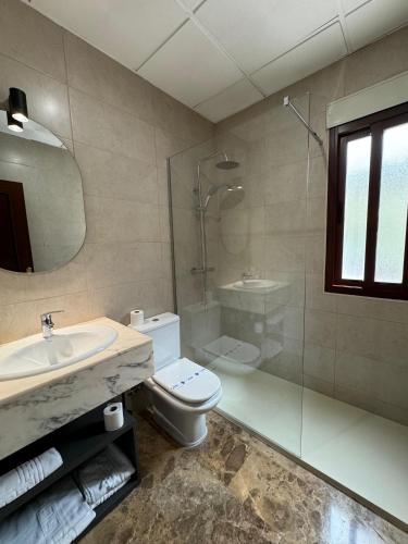 a bathroom with a toilet and a sink and a shower at Hotel Sierra de Quesada SL in Quesada