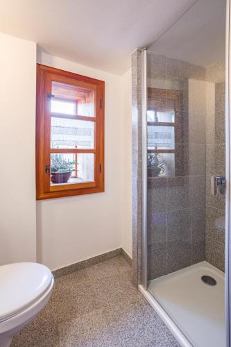 a bathroom with a shower and a toilet and a window at Apartments No.59 Loket in Loket