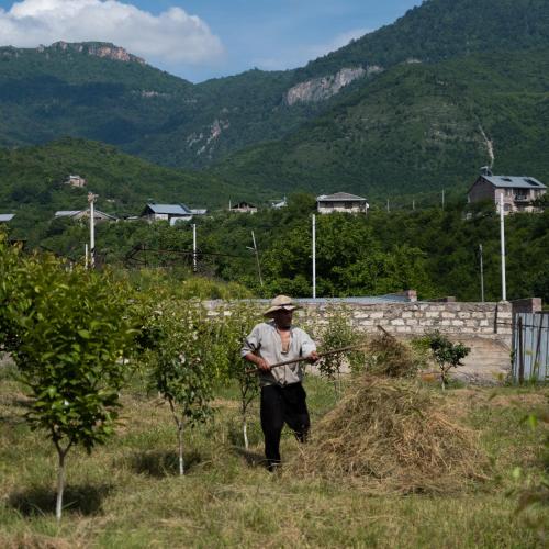 a man standing in a field with a pile of hay at Alpha Rest House in Ijevan