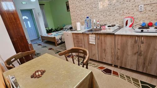 a kitchen with a table and a sink and a table and chairs at Kod Bake in Novi Bečej