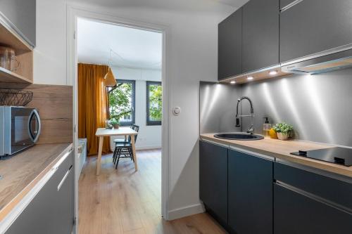 une cuisine avec un évier et un plan de travail dans l'établissement L'annecien, central proche du lac, à Annecy