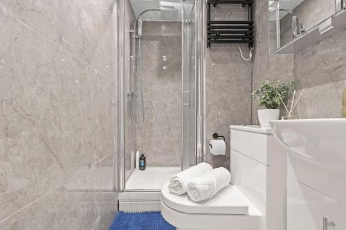 a bathroom with a shower and a toilet and a sink at 2 Bedroom flat for Corporate, workers, Relocation, West st in Buckinghamshire