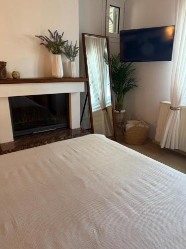 a bedroom with a bed and a fireplace at La Vista Residence - 5 BDS, 2 private swimming pools, stunning sea views only 10 minutes from Corfu Town's Centre in Gouvia