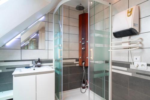 une salle de bain avec un lavabo et une douche dans l'établissement Villa St Jacques - Vue mer avec grand jardin, à Sarzeau