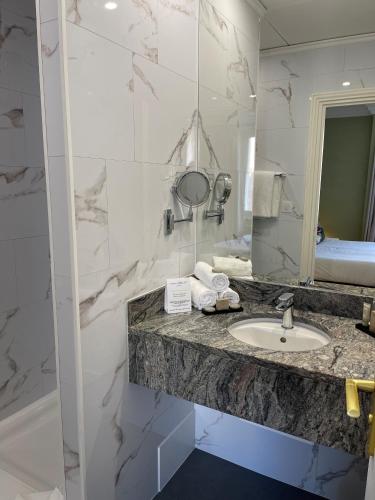 a bathroom with a sink and a mirror at Maison LUTETIA R in Strasbourg