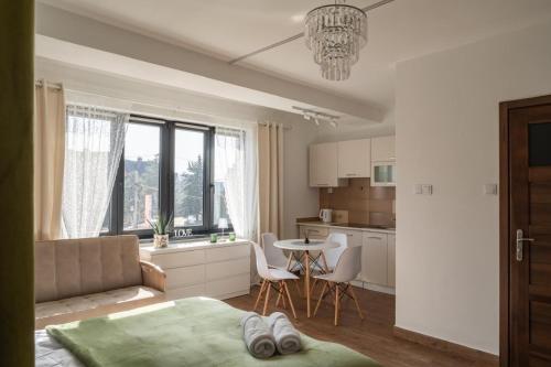 a kitchen and living room with a couch and a table at Przytulny apartament KOLEJOVA 13 - idealny jako baza wypadowa in Nowy Targ