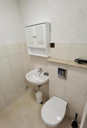 a small bathroom with a toilet and a sink at Ferienwohnung am Backhaus 2 in Weimar