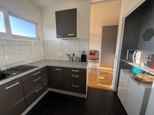 une cuisine avec comptoirs en noir et blanc et une fenêtre dans l'établissement Le Nemours, à Thonon-les-Bains