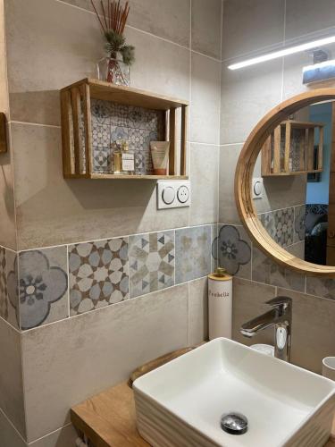 une salle de bain avec un lavabo et un miroir dans l'établissement Appt 27m2 - parking - wifi - clim - piscine, à Roquebrune-sur Argens