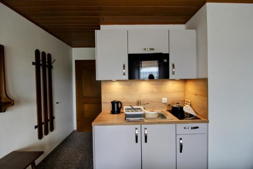 a kitchen with white cabinets and a sink at Monteurunterkunft Passau workers accommodation in Zwölfling
