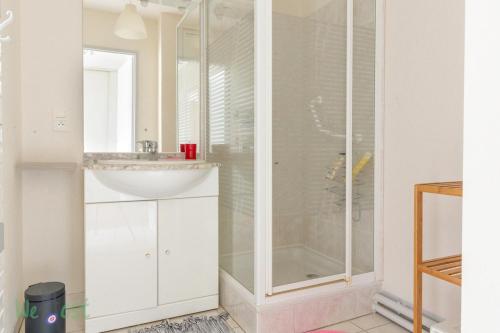 une salle de bain avec un lavabo et une douche dans l'établissement FRANCIS LE CARVAL - REZE - balcon - parking, à Rezé