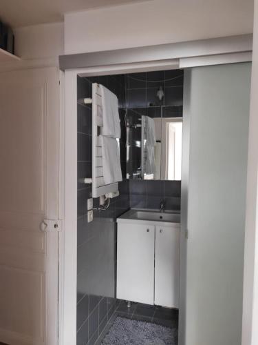 une salle de bain avec un lavabo et un miroir dans l'établissement Père Corentin - CI - Bright apt for 2pers at Porte d'Orléans, 14è, à Paris