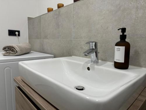 a bathroom sink with a bottle of soap on it at Exklusives Wohnen im historischen Wasserturm dem Highlight von Delitzsch WE317 in Delitzsch