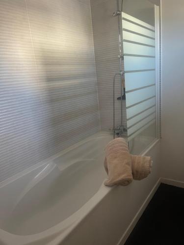 a bathroom with a bath tub with a towel at Chambre d'Hôtes la Familia in Marseillan