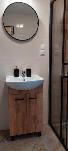 a bathroom with a sink and a mirror at Domek przy Młynie Koło Wodne in Krościenko