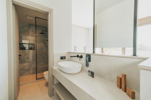 a bathroom with a sink and a shower at Nos Aqua Villas Chania in Pazinos