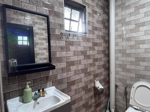 a bathroom with a sink and a mirror and a toilet at Tekoma Resort Cameron Highlands in Tanah Rata