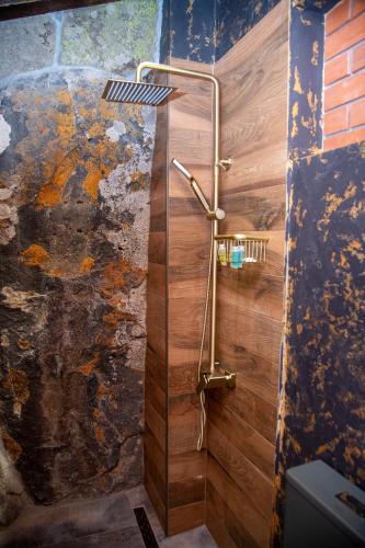 a shower with a wooden door in a bathroom at Hotel Riverside Inn in Martuni