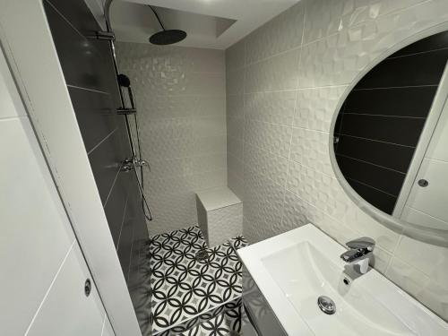 une petite salle de bain avec un lavabo et un miroir dans l'établissement Twenty Fort Studio with Pool Lyon, à Villeurbanne