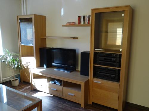 ein Wohnzimmer mit einem hölzernen Entertainment-Center mit einem TV in der Unterkunft Apartment Zum Keulenbergblick in Laußnitz