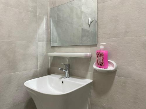 a bathroom with a sink and a pink soap dispenser at Sea Turtles Guest House #2 Ras Al Hadd in Al Ḩadd