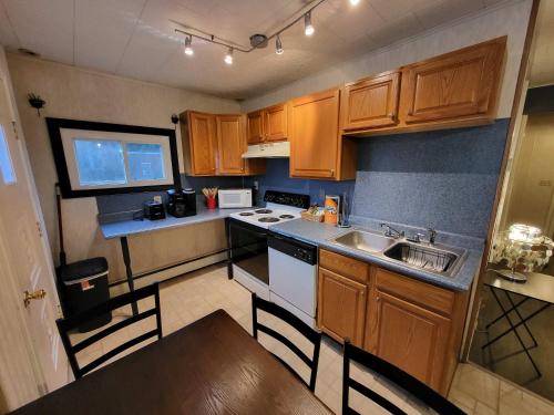 eine kleine Küche mit Holzschränken und einer Spüle in der Unterkunft Suites On Chocolate - The Annville Cottage in Annville