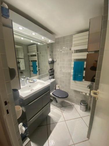 une salle de bain avec un lavabo, des toilettes et un miroir dans l'établissement Incroyable T3 vue mer avec magnifique terrasse, à Porquerolles