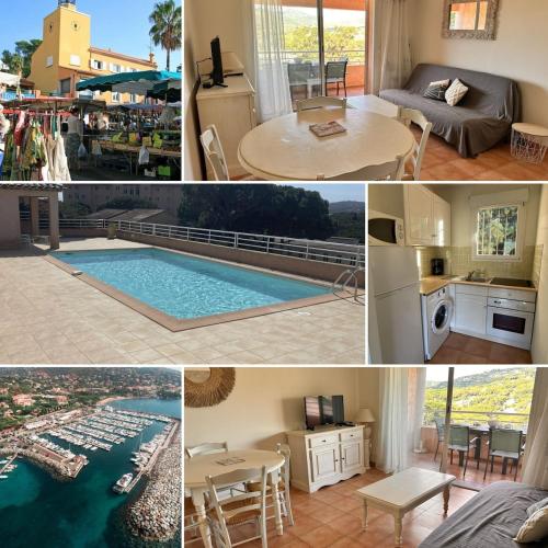 un collage de photos d'une maison avec une piscine dans l'établissement Appt 2 étoiles - parking - clim - piscine - mer à 300m, à Roquebrune-sur Argens