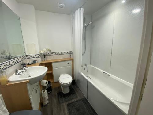 a bathroom with a sink and a toilet and a shower at Prime Duloch Bridge View by TBA in Dunfermline
