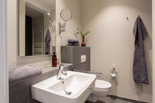 a bathroom with a sink and a toilet and a mirror at Wittehuus Wohnung 6 in Borkum