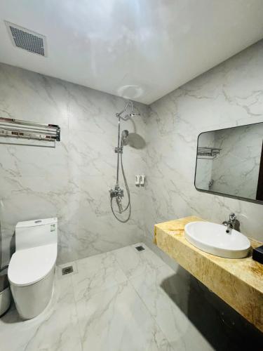 a bathroom with a sink and a toilet and a mirror at Trường Giang Hotel 2 in Móng Cái
