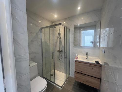 une salle de bain avec une douche, des toilettes et un lavabo dans l'établissement Scaliero T2 avec terrasse plein soleil, à Nice