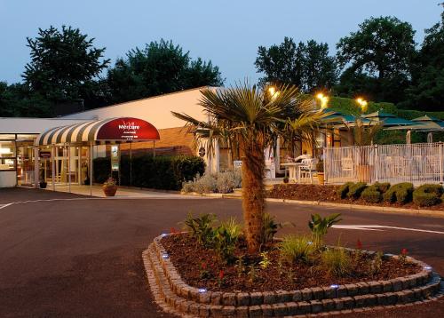 a building with a palm tree in front of a street at Mercure Strasbourg Aéroport in Ostwald