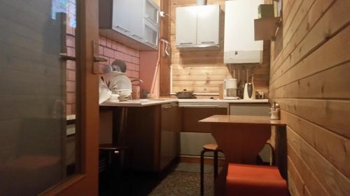 a small kitchen with white cabinets and a wooden wall at Rasas in Sigulda