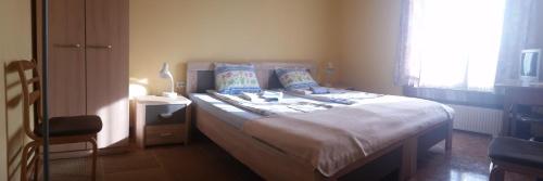 a bedroom with a bed with blue pillows and a window at Rasas in Sigulda