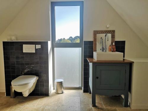 une salle de bain avec toilettes, lavabo et fenêtre dans l'établissement Maison lumineuse à 7mn plages, 5mn de La Trinité, à Saint-Philibert