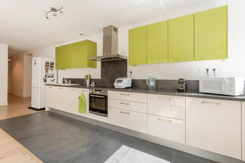une cuisine avec des appareils électroménagers blancs et des armoires vertes dans l'établissement Lovely apartment dowtown with terrace and parking, à Bordeaux
