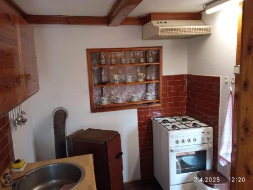 a kitchen with a stove and a sink at Chata Všemily in Jetřichovice