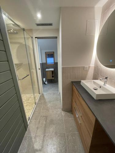 une salle de bain avec un lavabo et une douche dans l'établissement Le Sublime Loft - Centre historique 7 personnes, à Bourges