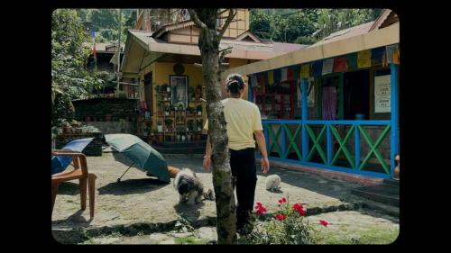 a man standing next to a tree with two dogs at Daragaon Retreat (Gurung Homestay) in Pelling
