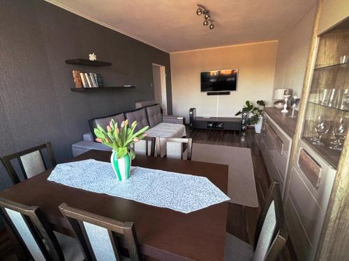 a dining room with a table and a television at Wałcz Homely Apartment in Wałcz