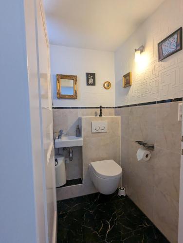 a bathroom with a toilet and a sink at Rooftop-Apartment Citylage in Offenburg