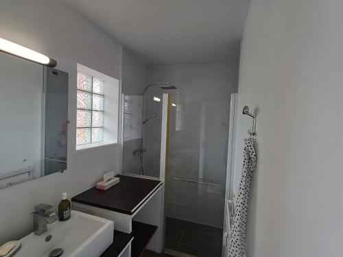 une salle de bain blanche avec une douche et un lavabo dans l'établissement Studio Eden Golfe, au Golfe-Juan