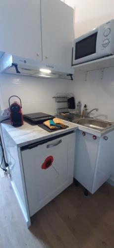 une petite cuisine blanche avec cuisinière et évier dans l'établissement Le Petit Palais, à Menton
