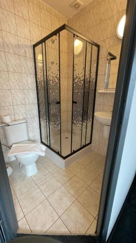 a bathroom with a shower with a toilet and a sink at Stay Adventure Mrzeżyno in Mrzeżyno