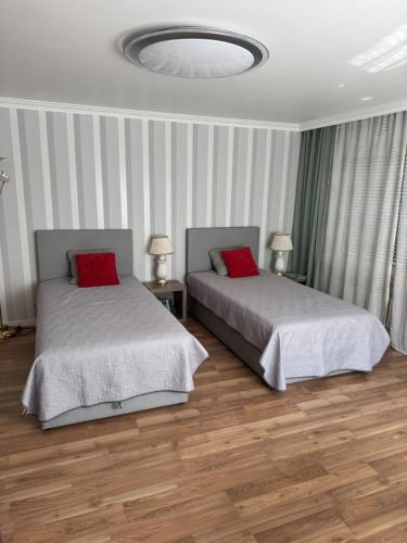 two beds with red pillows in a hotel room at Apartments an der Caracalla Therme in Baden-Baden