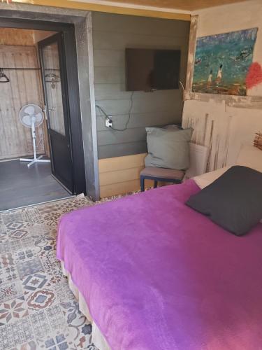 - une chambre avec un lit violet et une chaise dans l'établissement Au relais des migrateurs, au Crotoy